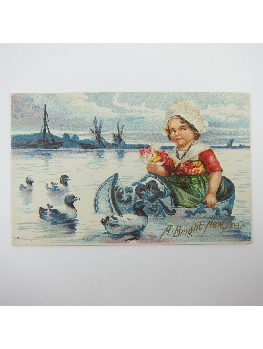 Postcard New Years Dutch Girl Sails Wooden Shoe Windmills Swimming Ducks Antique